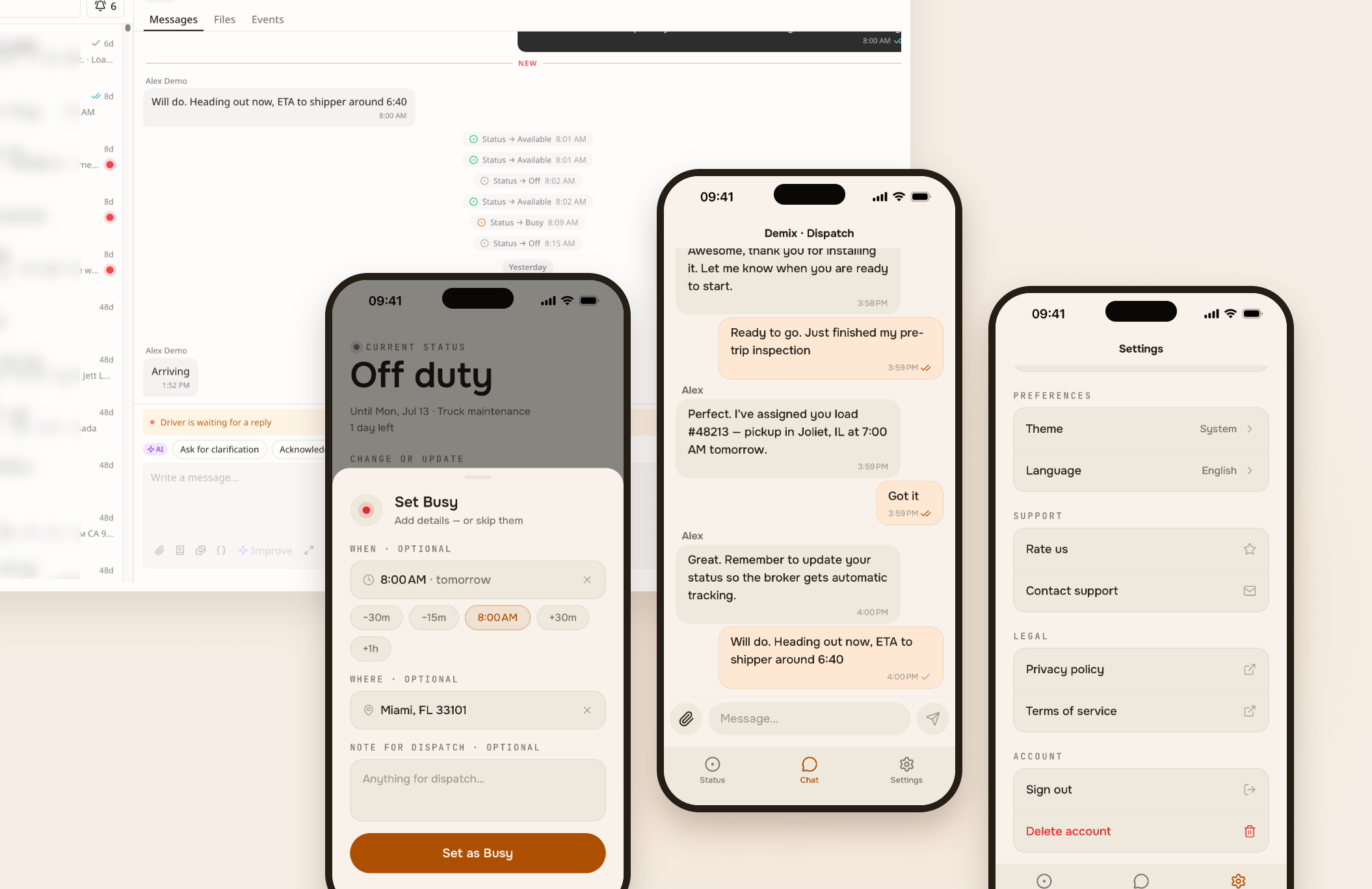 Real-time driver communication platform with dispatcher dashboard and driver app
